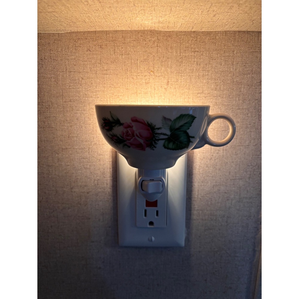 Vintage Floral Teacup Night Light Pink Rose Ceramic Shabby‎ Chic Plug In Lamp